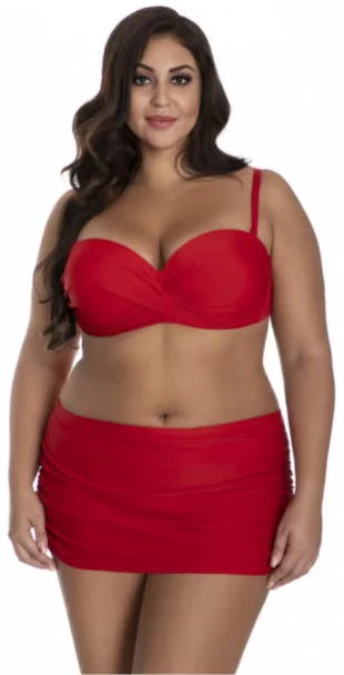 Crveni dvodijelni kupaći kostim za punije s visokim strukom i suknjom