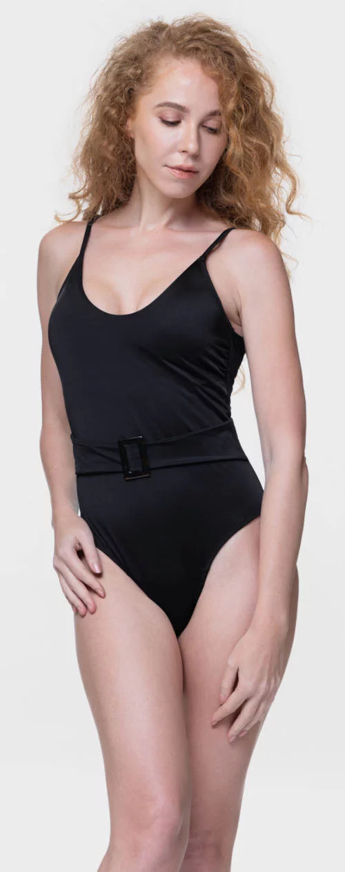 Jeftini crni ženski jednodijelni menstrualni kupaći kostim s remenom